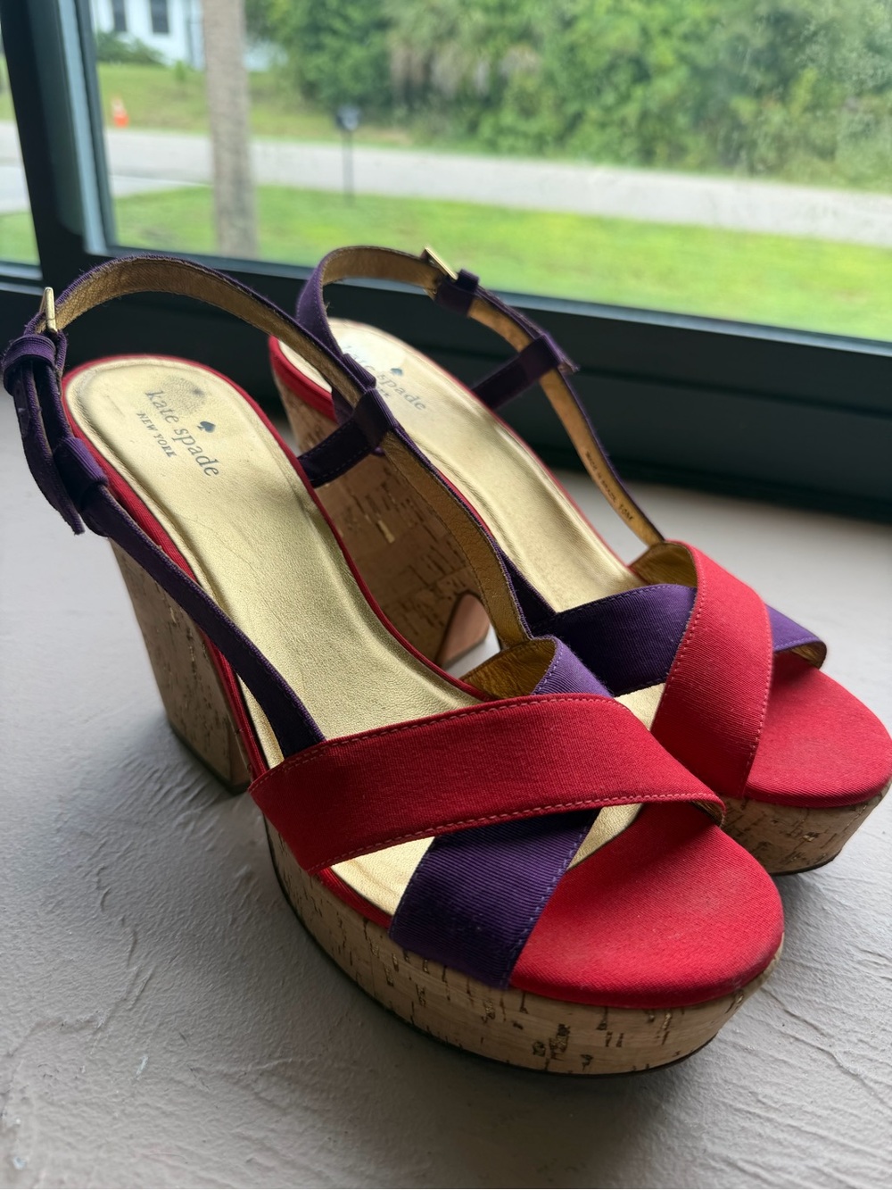 kate spade Red Purple Cork Platform Wedges Canvas Sandals Size 10M